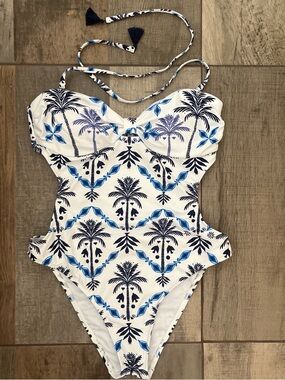 Women’s White & Blue Palm-Print Cutout One-Piece Swimsuit